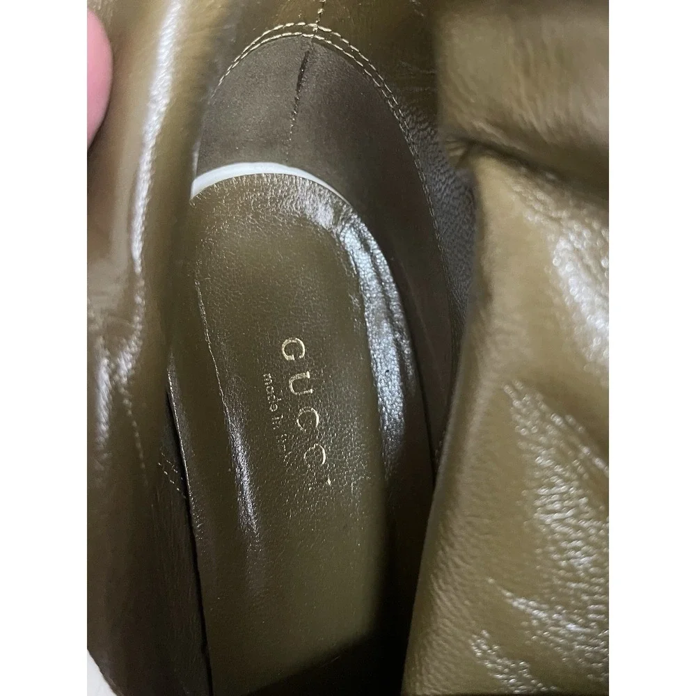 Gucci Kesha Suede Olive Green Ankle Boots Gold Buckle Block Heel Sz 38.5